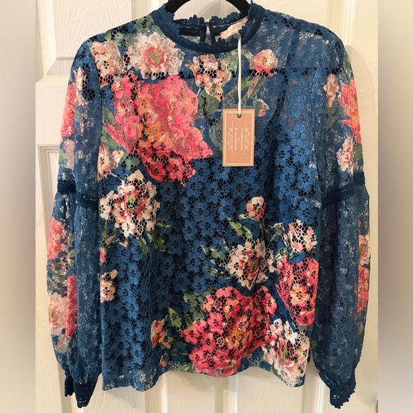Champagne & Strawberry Tops - Floral Lace Women Top - Teal and  Pink Size M